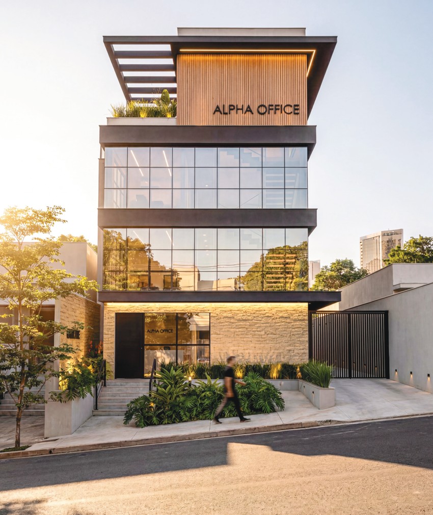 Fachada Alpha Office ao amanhecer